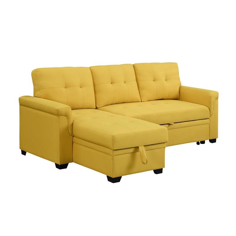 Lucca Yellow Linen Fabric Reversible Sleeper Sectional Sofa with Storage Chaise
