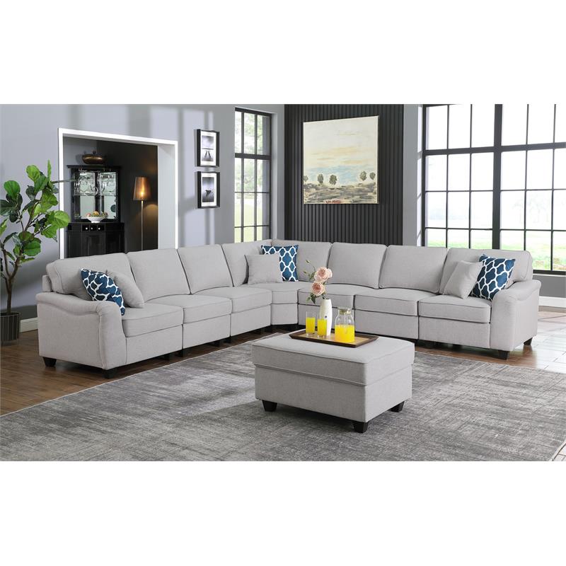 Leo Light Gray Linen Fabric 8Pc Modular L-Shape Sectional Sofa and Ottoman