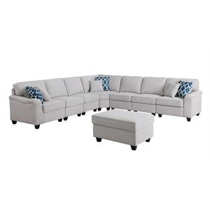 Leo Light Gray Linen Fabric 8Pc Modular L-Shape Sectional Sofa and Ottoman