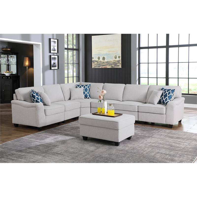 Leo Light Gray Linen Fabric 7Pc Modular L-Shape Sectional Sofa and Ottoman