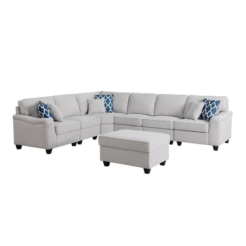 Leo Light Gray Linen Fabric 7Pc Modular L-Shape Sectional Sofa and Ottoman