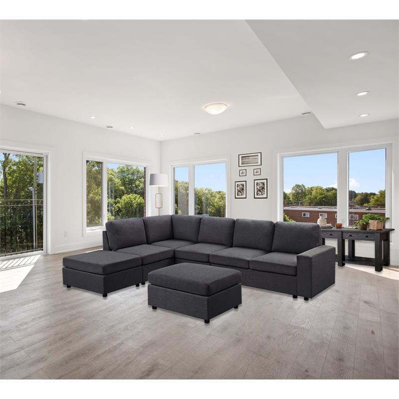 Marley Modular Sectional Sofa with Ottoman in Dark Gray Linen Fabric