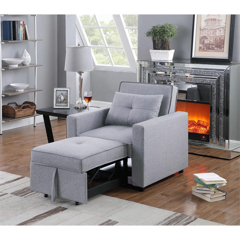 Lara Linen Fabric Convertible Sleeper Chair with Side Pocket in Light Gray