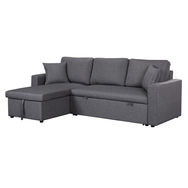 Paisley Light Gray Linen Fabric Reversible Sleeper Sectional Sofa