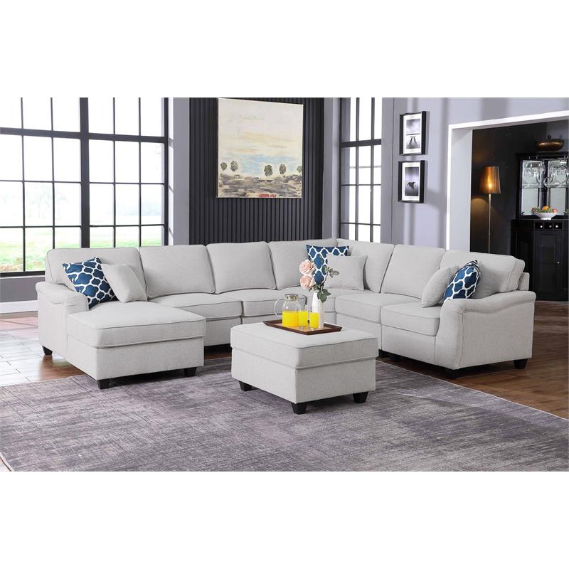 Leo Light Gray Linen Fabric 7Pc Modular LShape Sectional Sofa Chaise