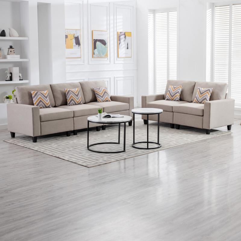 Nolan Linen Fabric Sofa and Loveseat with Pillows/Interchangeable Legs in Beige