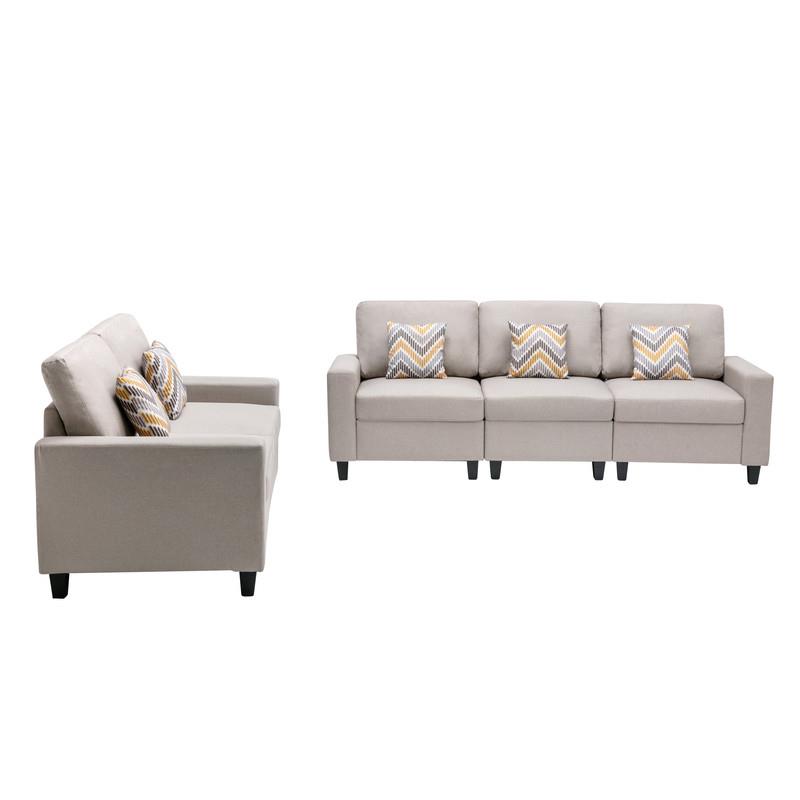 Nolan Linen Fabric Sofa and Loveseat with Pillows/Interchangeable Legs in Beige