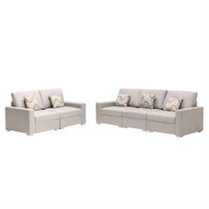 nolan beige linen fabric sofa and loveseat with pillows and interchangeable legs
