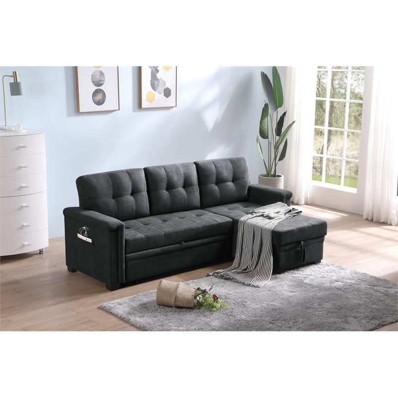 Kinsley Dark Gray Fabric Sleeper Sectional Sofa Chaise w/ USB Port & Pocket