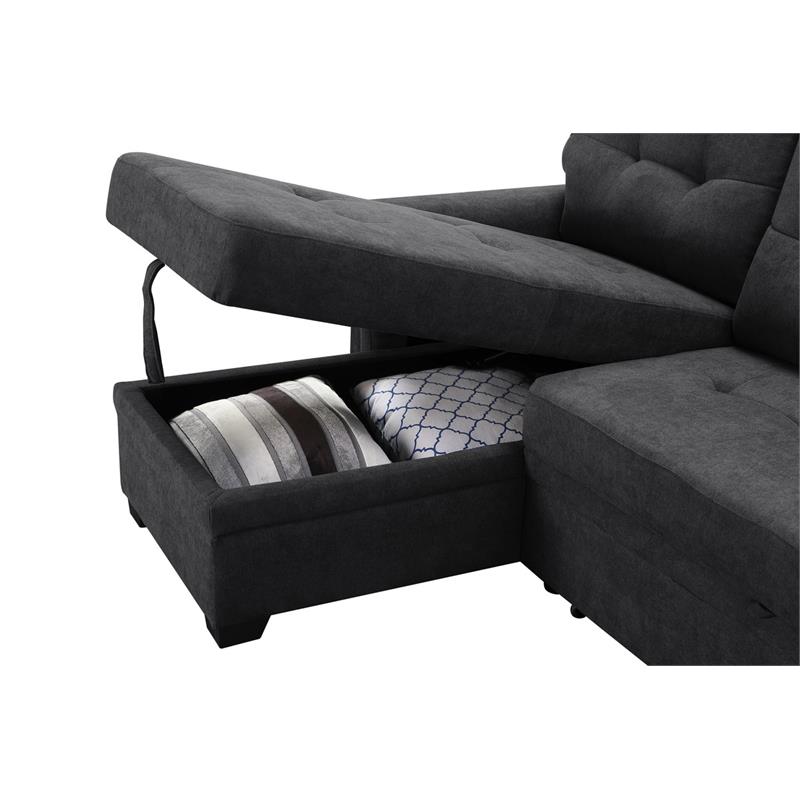 Kinsley Dark Gray Fabric Sleeper Sectional Sofa Chaise w/ USB Port & Pocket