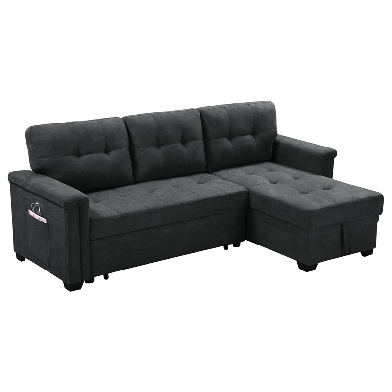 Kinsley Dark Gray Fabric Sleeper Sectional Sofa Chaise w/ USB Port & Pocket