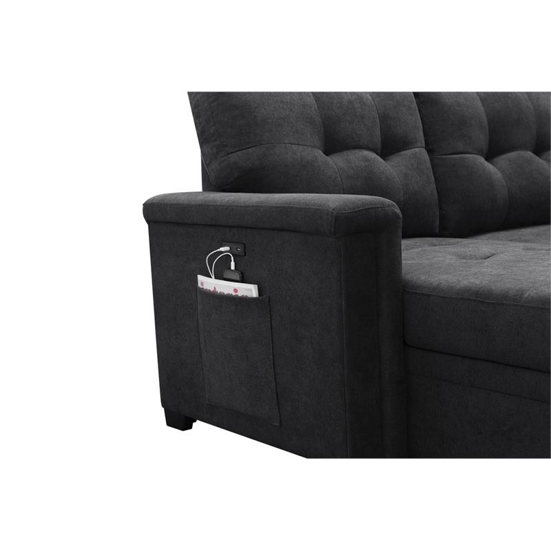 Kinsley Dark Gray Fabric Sleeper Sectional Sofa Chaise w/ USB Port & Pocket