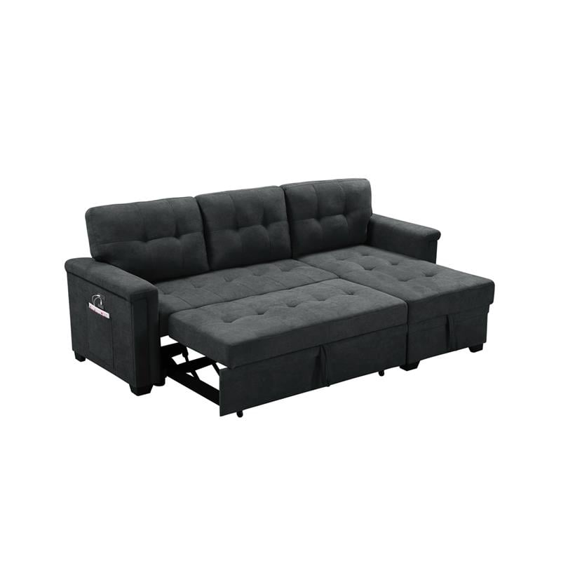 Kinsley Dark Gray Fabric Sleeper Sectional Sofa Chaise w/ USB Port & Pocket