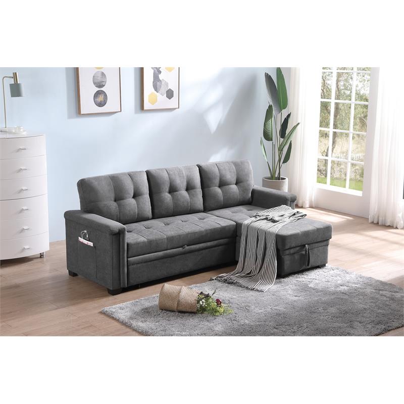 Kinsley Gray Woven Fabric Sleeper Sectional Sofa Chaise w/ USB Charger & Pocket
