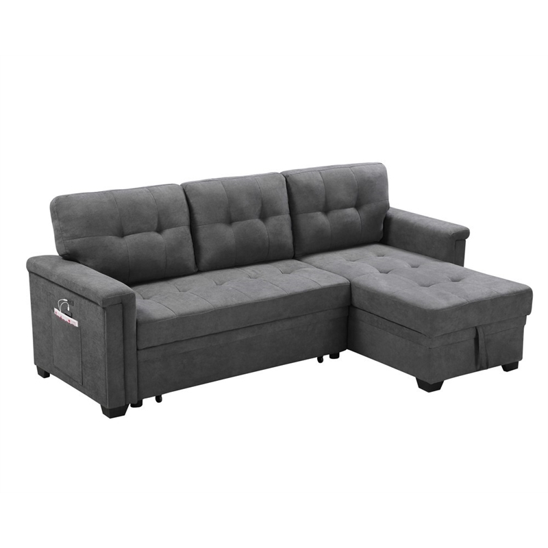 Kinsley Gray Woven Fabric Sleeper Sectional Sofa Chaise w/ USB Charger & Pocket