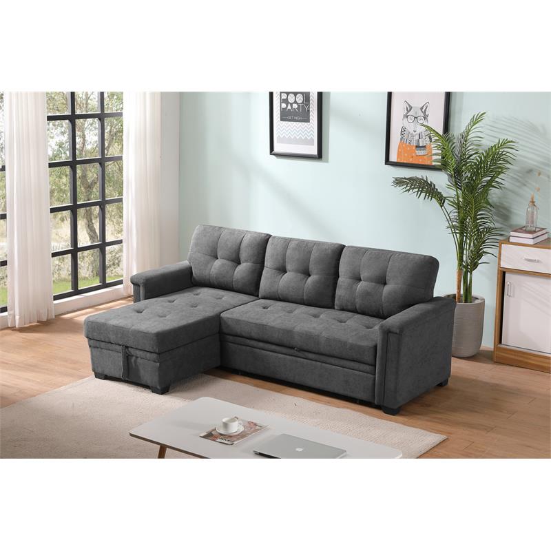 Kinsley Gray Woven Fabric Sleeper Sectional Sofa Chaise w/ USB Charger & Pocket
