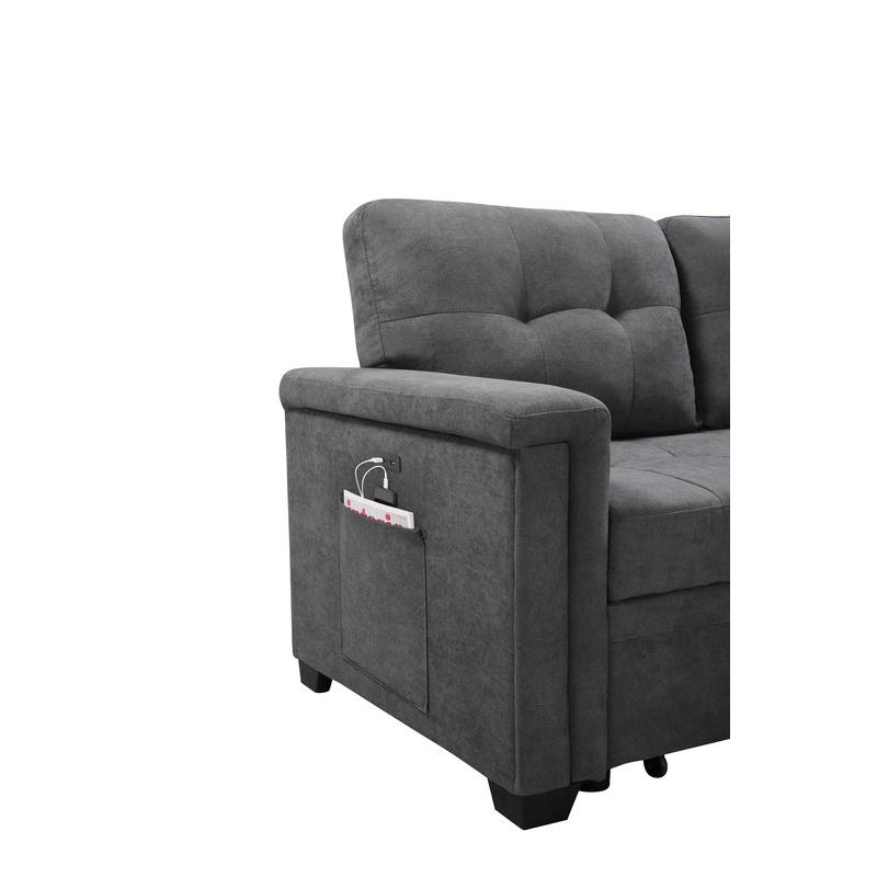 Kinsley Gray Woven Fabric Sleeper Sectional Sofa Chaise w/ USB Charger & Pocket