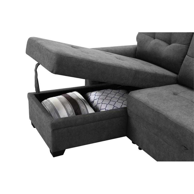 Kinsley Gray Woven Fabric Sleeper Sectional Sofa Chaise w/ USB Charger & Pocket