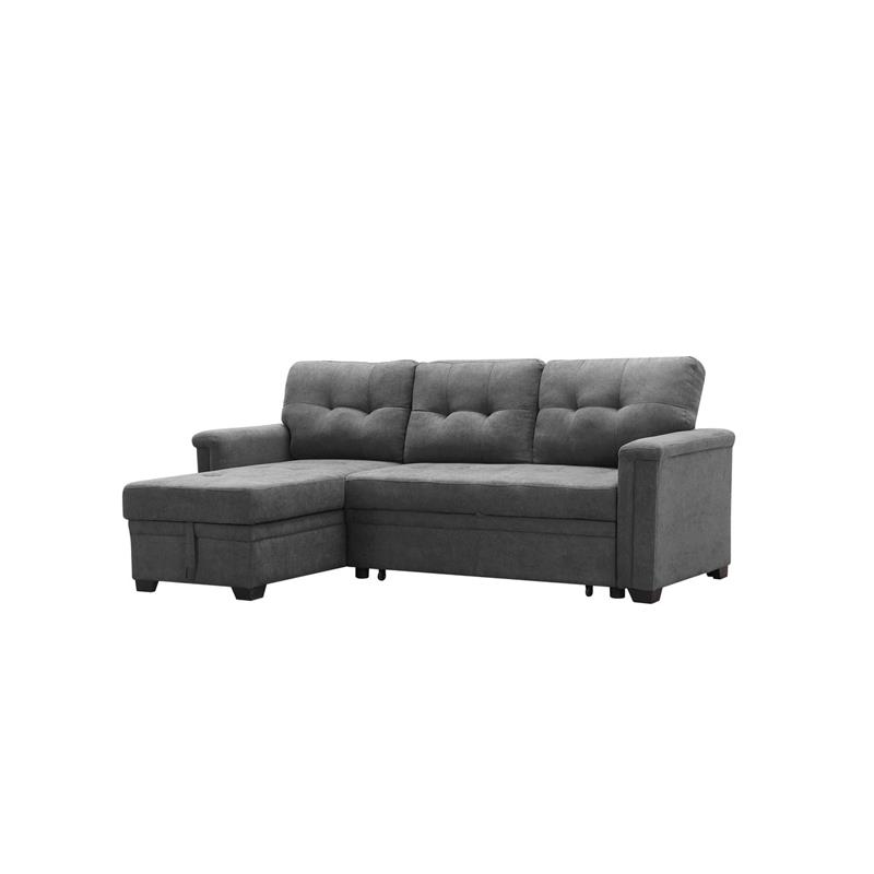 Kinsley Gray Woven Fabric Sleeper Sectional Sofa Chaise w/ USB Charger & Pocket