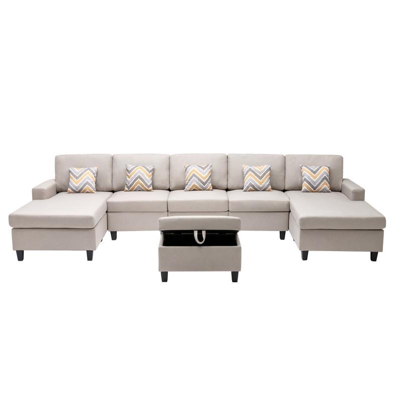 Nolan Beige Linen Fabric 6PcDouble Chaise Sectional Interchangeable Legs Ottoman