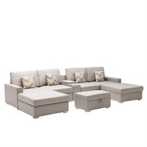nolan beige linen fabric 6pc double chaise sectional ottoman console table