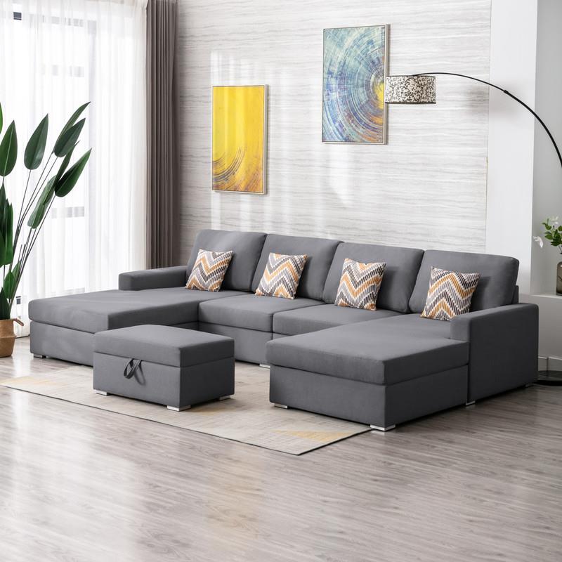 Nolan Gray Linen Fabric 5PcDouble Chaise Sectional Interchangeable Legs Ottoman
