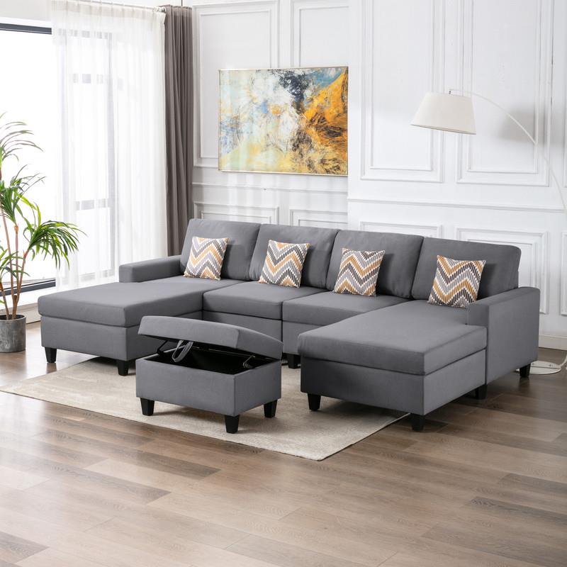 Nolan Gray Linen Fabric 5PcDouble Chaise Sectional Interchangeable Legs Ottoman