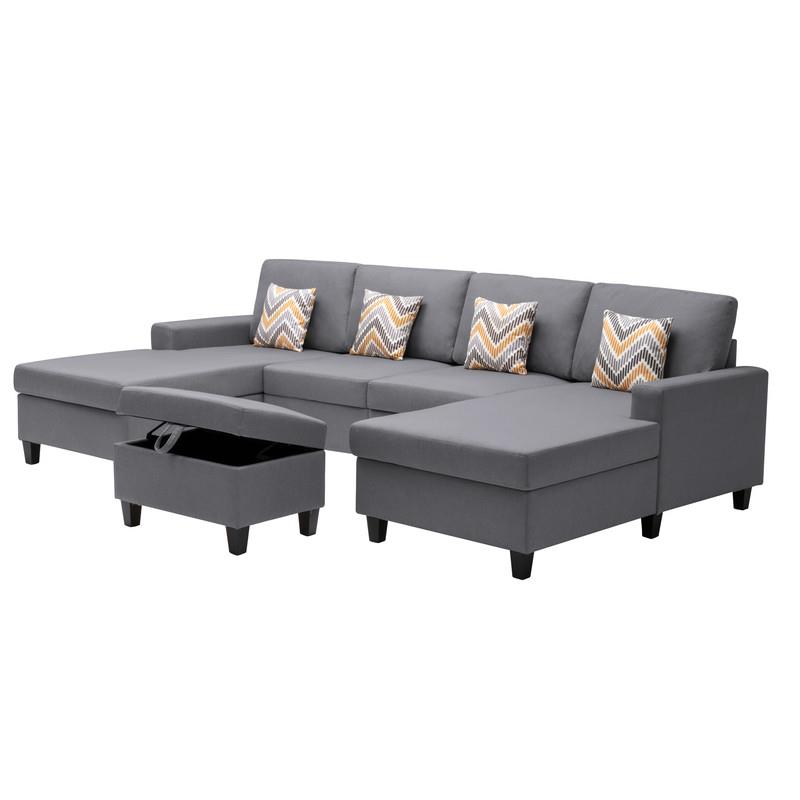 Nolan Gray Linen Fabric 5PcDouble Chaise Sectional Interchangeable Legs Ottoman