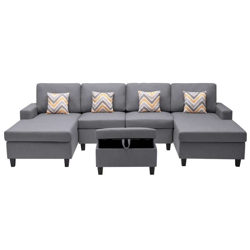 Nolan Gray Linen Fabric 5PcDouble Chaise Sectional Interchangeable Legs Ottoman