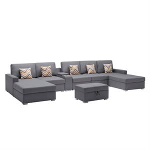 nolan gray linen fabric 7pc double chaise sectional sofa ottoman console table