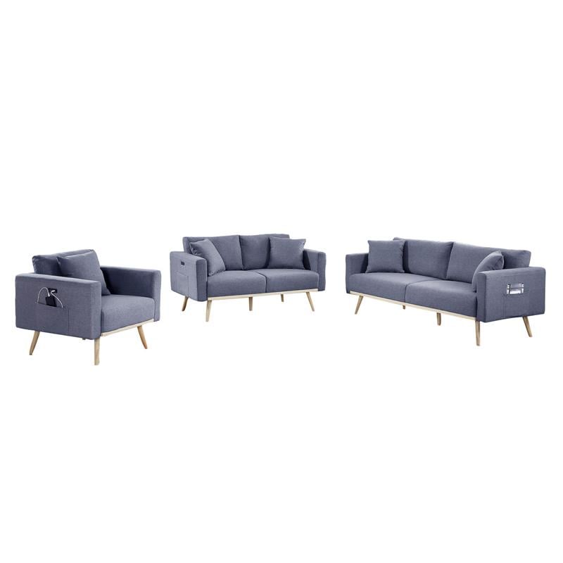 Easton Dark Gray Linen Fabric Sofa Loveseat Chair Living Room Set with USB Ports