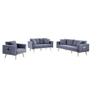 Easton Dark Gray Linen Fabric Sofa Loveseat Chair Living Room Set with USB Ports