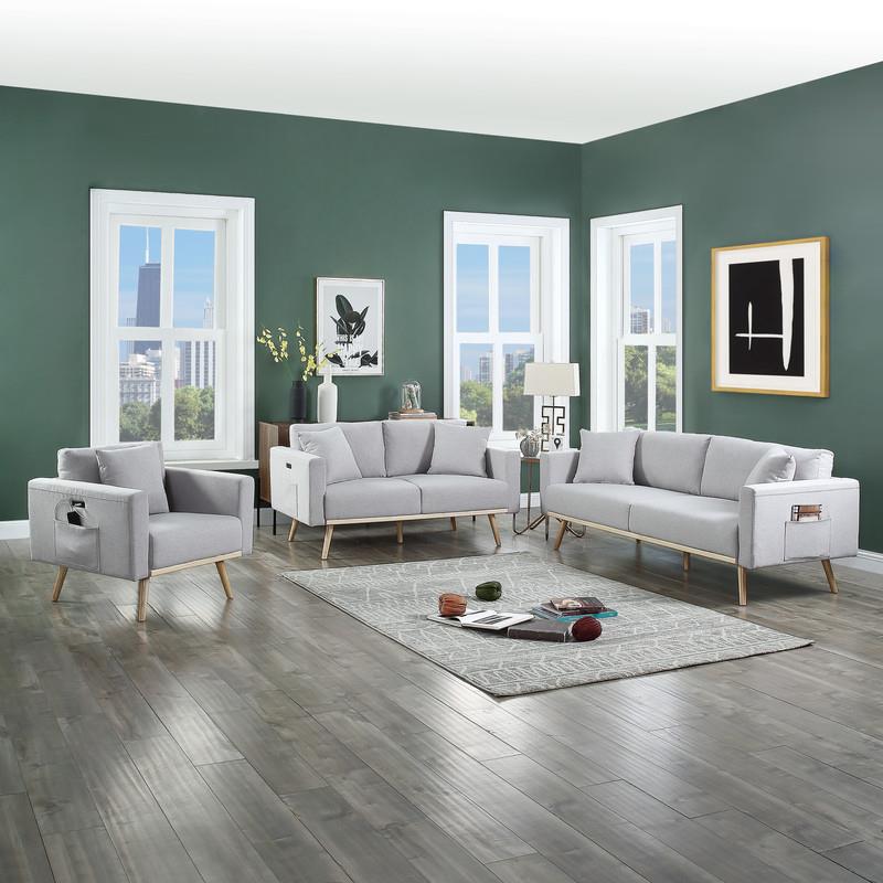 Easton Light Gray Linen Fabric Sofa Loveseat Chair Living Room Set w/ USB Ports