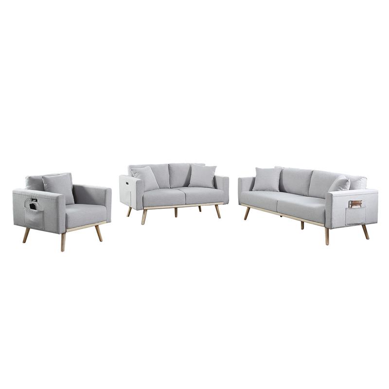 Easton Light Gray Linen Fabric Sofa Loveseat Chair Living Room Set w/ USB Ports
