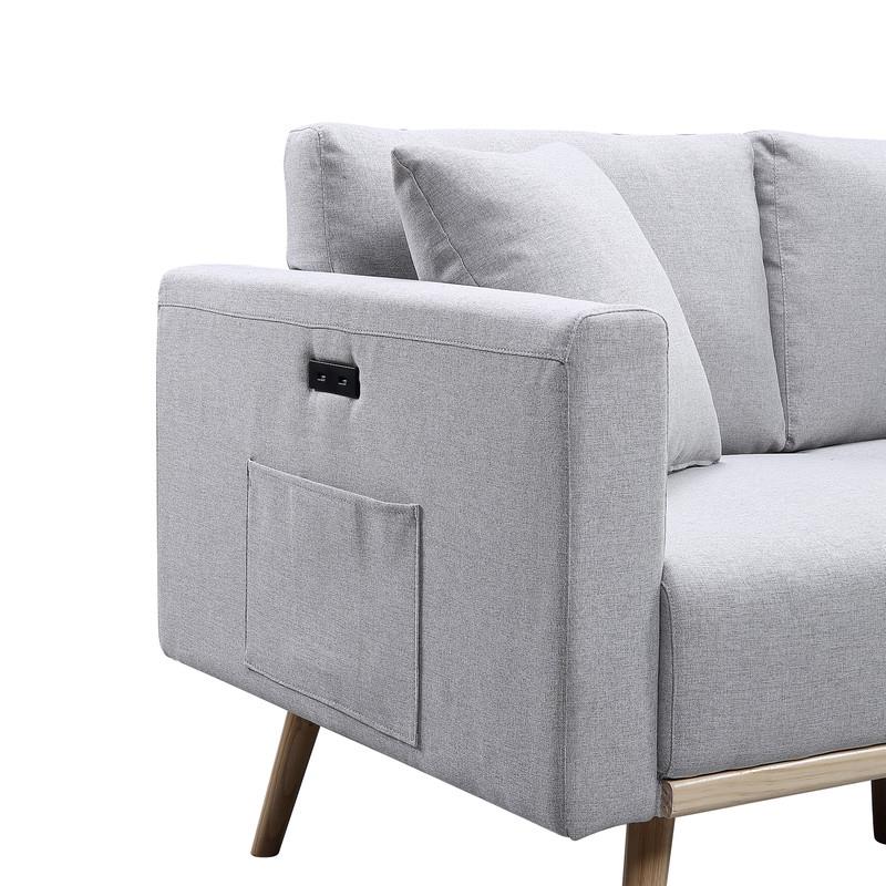 Easton Light Gray Linen Fabric Loveseat with USB Charging Ports Pockets