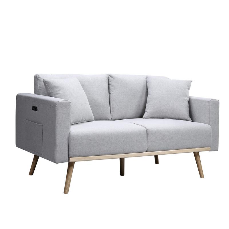 Easton Light Gray Linen Fabric Loveseat with USB Charging Ports Pockets