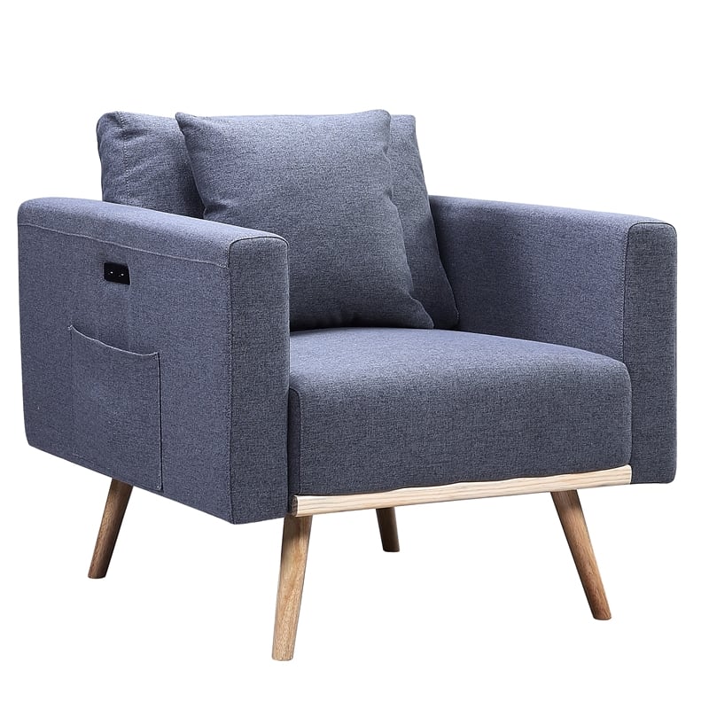 Easton Dark Gray Linen Fabric Chair with USB Charging Ports Pockets & Pillows