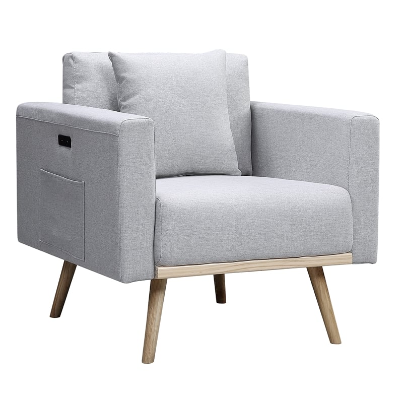 Easton Light Gray Linen Fabric Chair with USB Charging Ports Pockets & Pillows