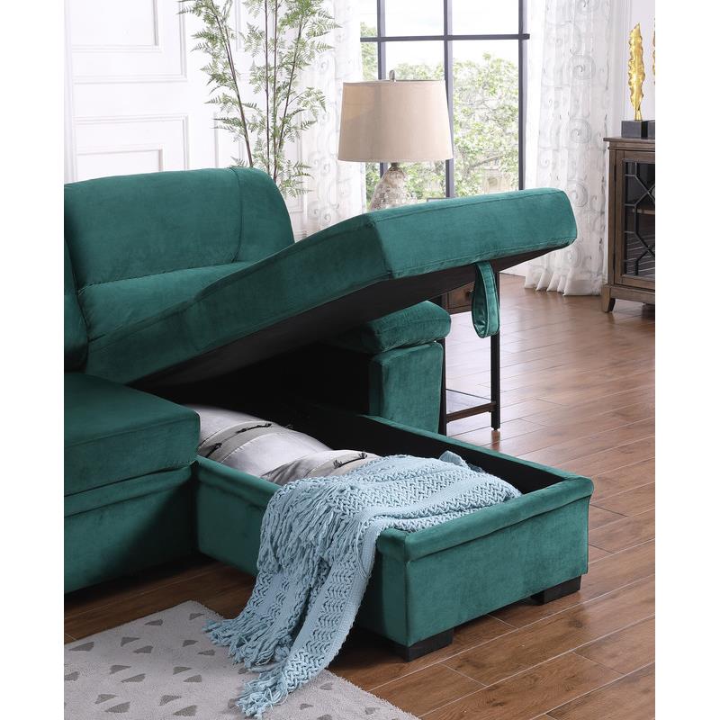 Kipling Green Velvet Fabric Reversible Sleeper Sectional Sofa Chaise