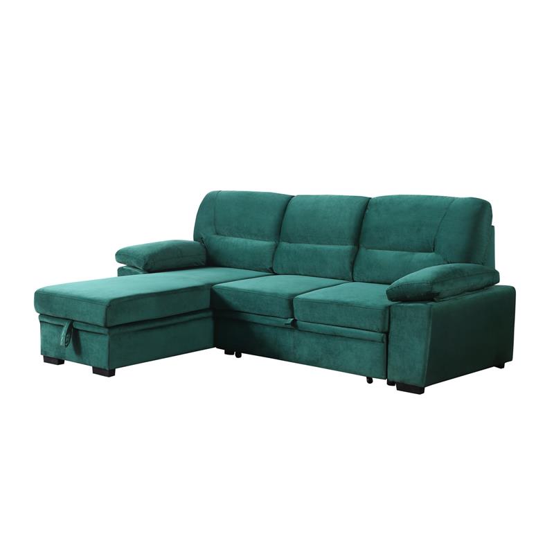 Kipling Green Velvet Fabric Reversible Sleeper Sectional Sofa Chaise