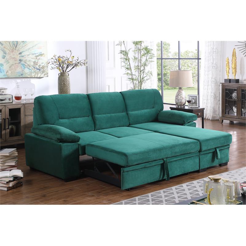Kipling Green Velvet Fabric Reversible Sleeper Sectional Sofa Chaise