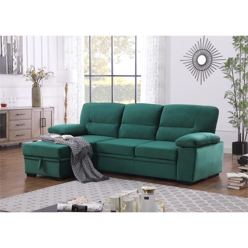 Kipling Green Velvet Fabric Reversible Sleeper Sectional Sofa Chaise