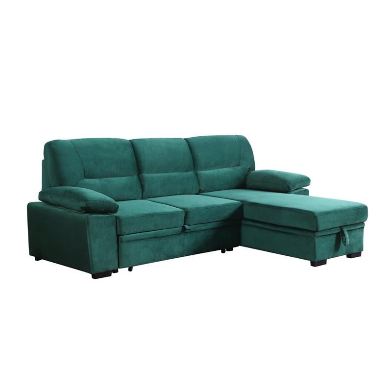 Kipling Green Velvet Fabric Reversible Sleeper Sectional Sofa Chaise