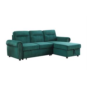 ashton green velvet fabric reversible sleeper sectional sofa chaise