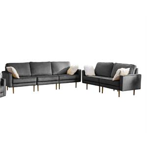 theo gray velvet sofa loveseat living room set with throw pillows