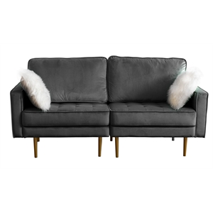 theo gray velvet loveseat with two throw pillows and gold tone legs