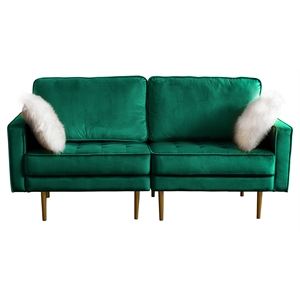 theo green velvet loveseat with two pillows and gold tone legs