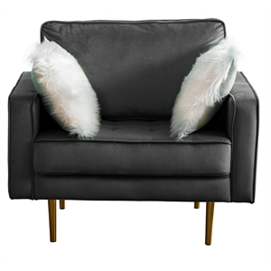 theo gray velvet chair with two throw pillows and gold tone legs