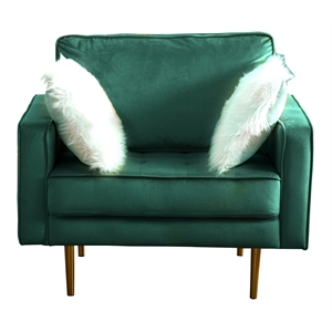 theo green velvet chair with two throw pillows and gold tone legs