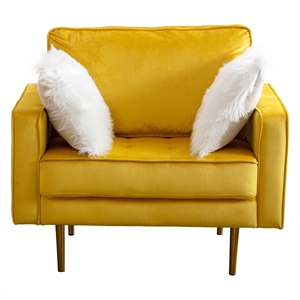theo yellow velvet chair with two throw pillows and gold tone legs